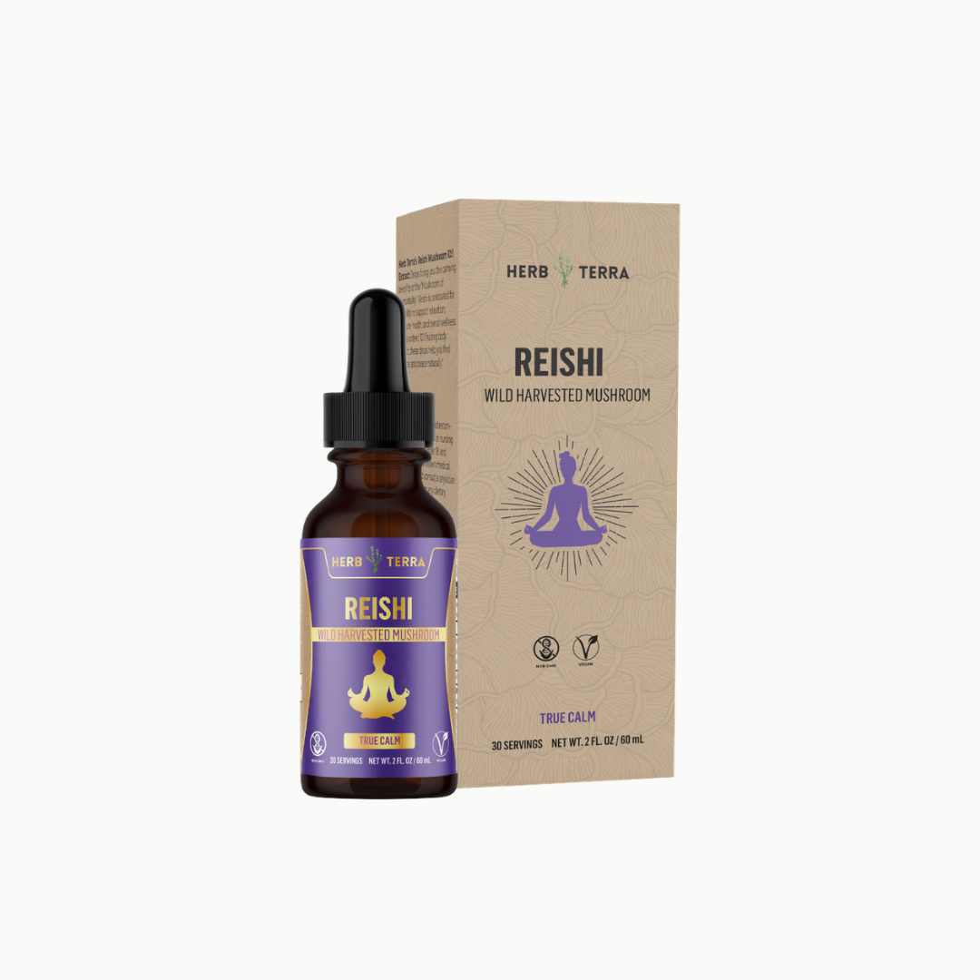Herb Terra Reishi mushroom tincture bottle and packaging on a white background